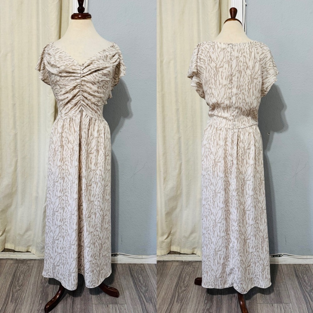 Cottagecore Maison Jules 3X Dress Tan White Animal Print Ruched V-Neck Maxi Plus
